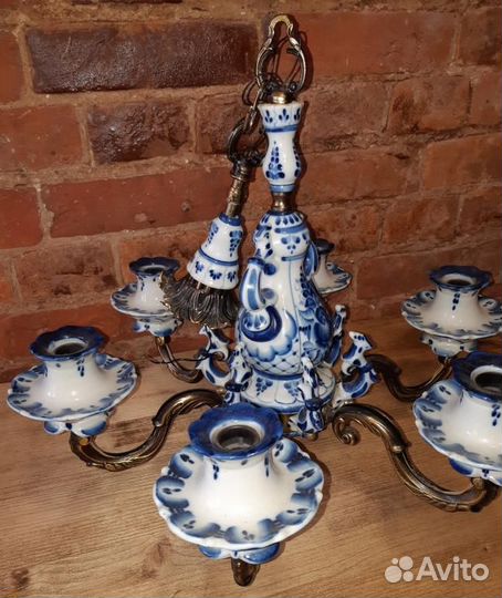 Люстра шести рожковая. Гжель. Бронза СССР 1950 г