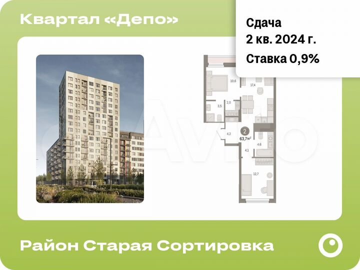 2-к. квартира, 63,7 м², 9/17 эт.
