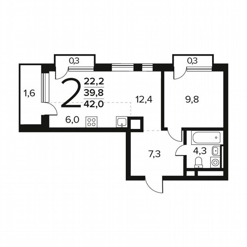 2-к. квартира, 42 м², 6/12 эт.