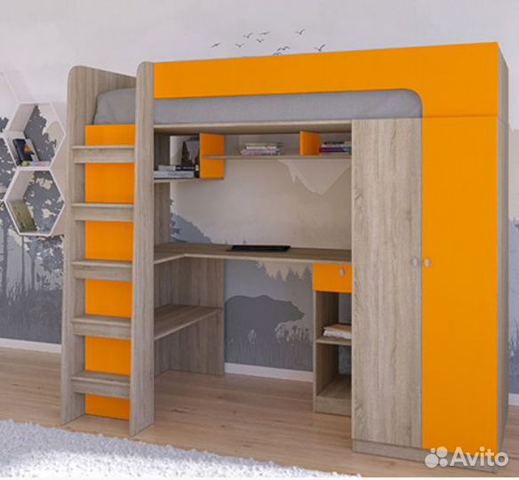 Кровать чердак Астра 10 Дуб молочный/Розовый