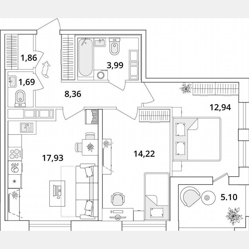 2-к. квартира, 63,5 м², 13/18 эт.
