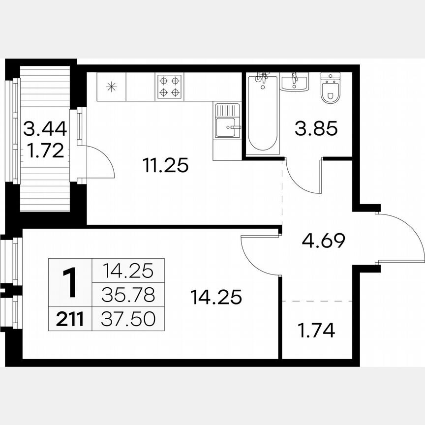 1-к. квартира, 37,5 м², 7/15 эт.