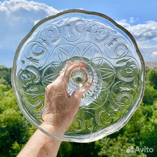 Ваза на ножке старое стекло редкая Бабочки Травки