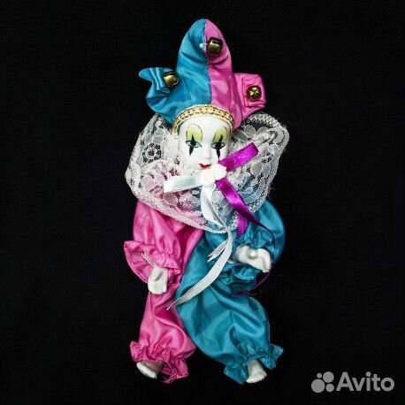 Кукла Арлекин в розово-зеленом, фарфор, Германия