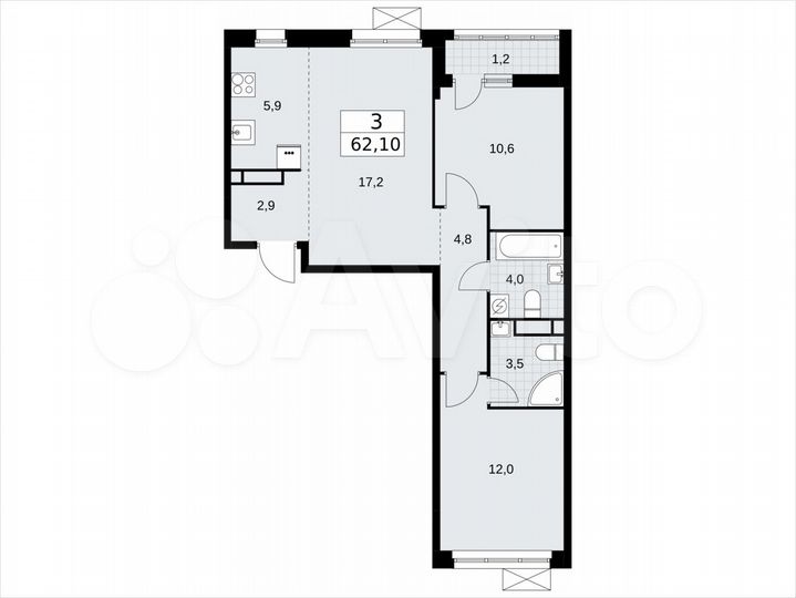 3-к. квартира, 62,1 м², 7/9 эт.