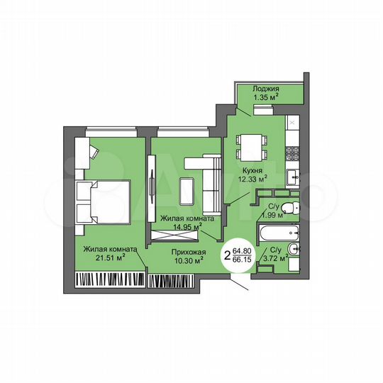 2-к. квартира, 66,2 м², 11/17 эт.