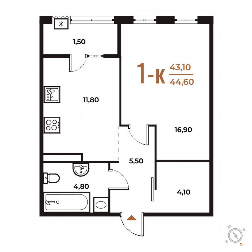 1-к. квартира, 44,6 м², 3/8 эт.