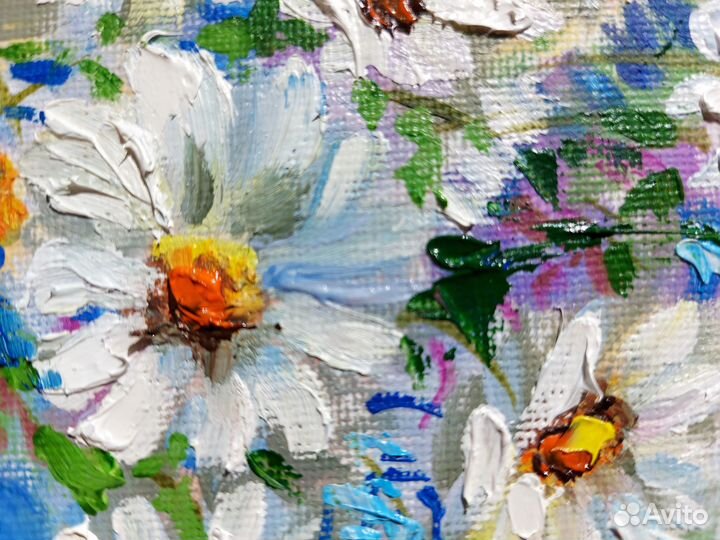 Картина с ромашками маслом Букет цветов в вазе