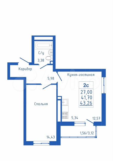2-к. квартира, 43,3 м², 9/25 эт.