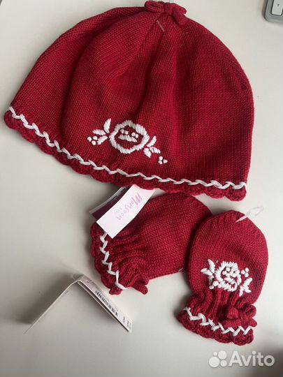 Шапочка и варежки детские для девочек 0-12 месяцев