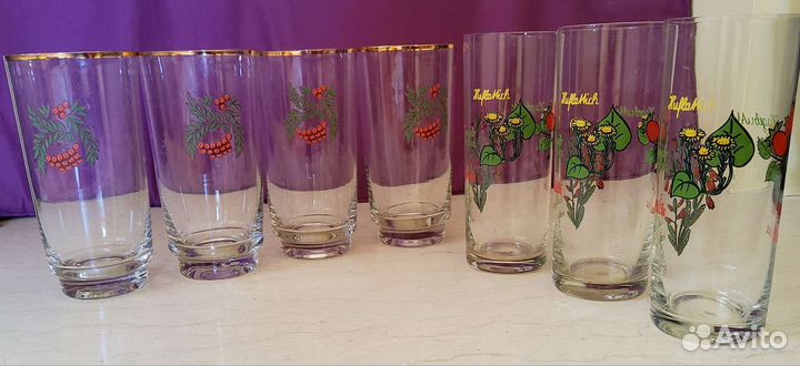 7 шт Стаканы высокие бокалы с рисунком стекло СССР