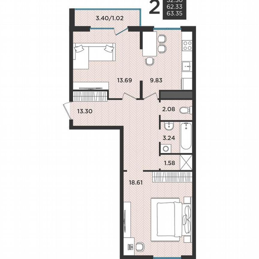 2-к. квартира, 63 м², 1/3 эт.