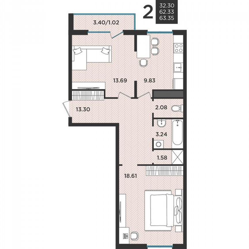 2-к. квартира, 63 м², 1/3 эт.