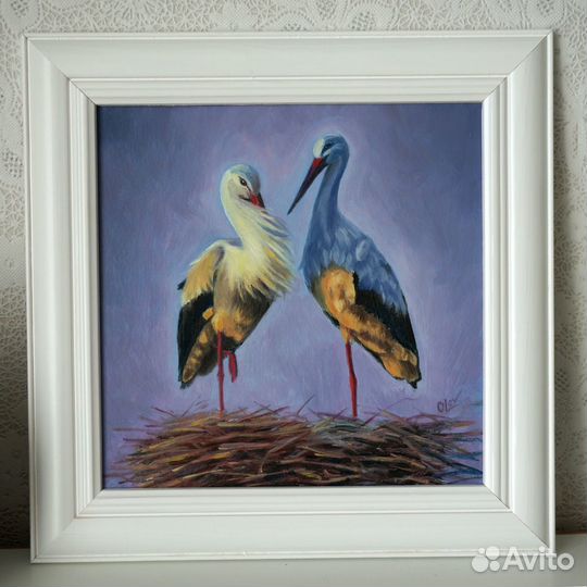 Картина маслом Аисты в гнезде. Под заказ