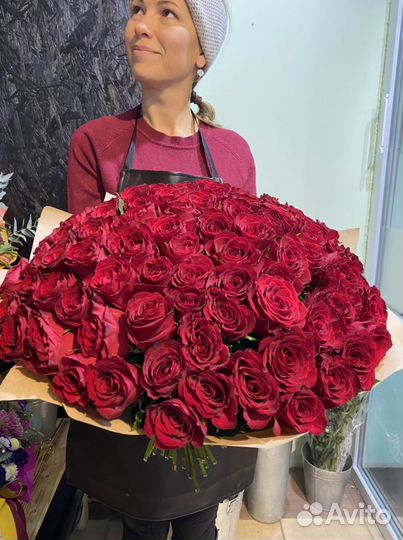 101 роза красная премиум, бесплатная доставка