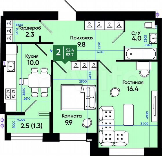 2-к. квартира, 53,7 м², 2/3 эт.