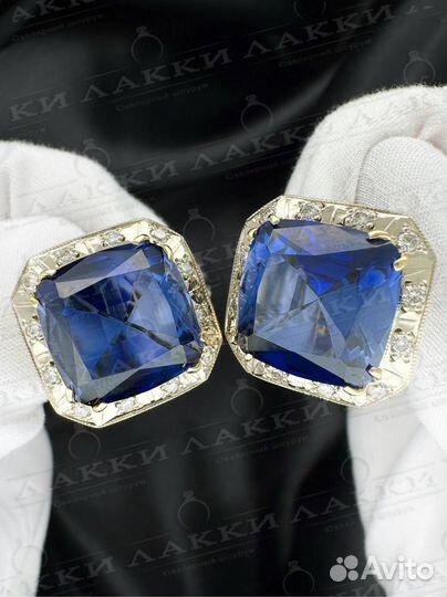 Золотые серьги с сапфирами и брилл 750 / 14.51 гр