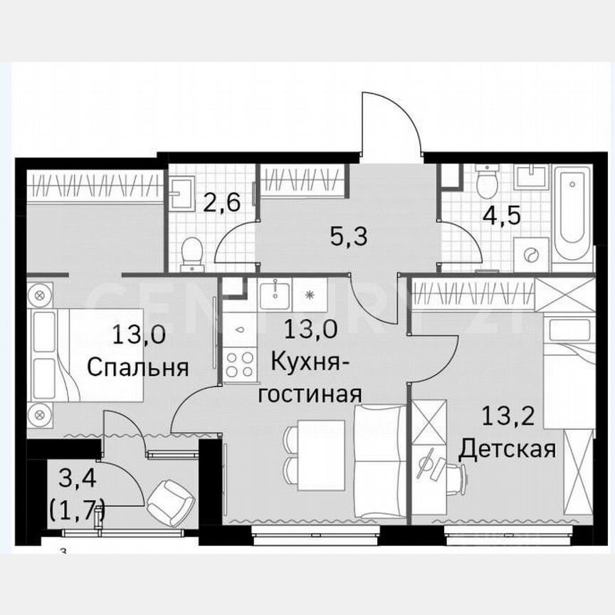 2-к. квартира, 53,3 м², 23/44 эт.