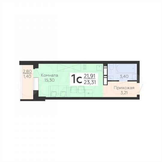 1-к. квартира, 23,3 м², 3/19 эт.