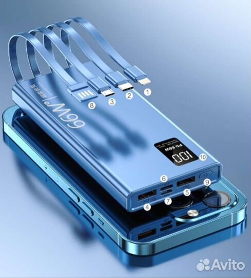 Повербанк 8в1 с проводами быстрая зарядка 66w