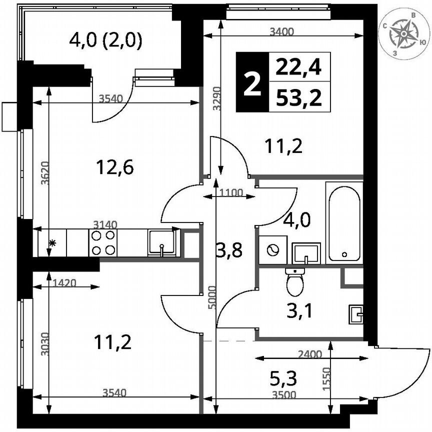 2-к. квартира, 53,2 м², 2/25 эт.