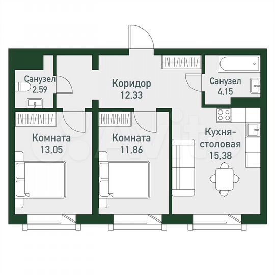 2-к. квартира, 59,4 м², 3/3 эт.