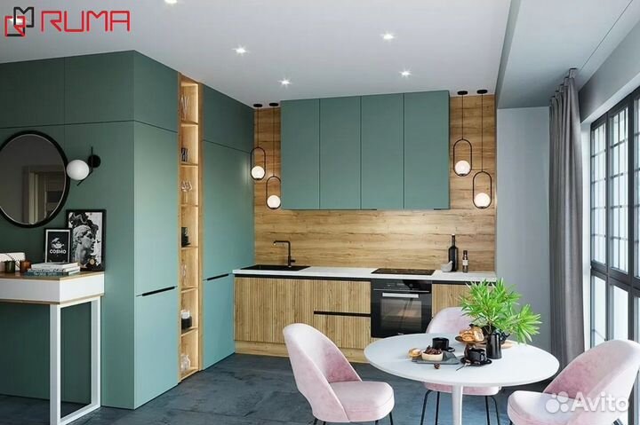 Кухня прямая на заказ зелёная цена за все