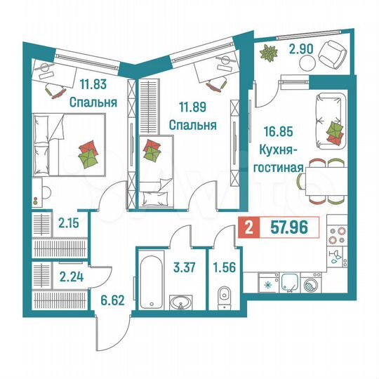 2-к. квартира, 58 м², 2/18 эт.