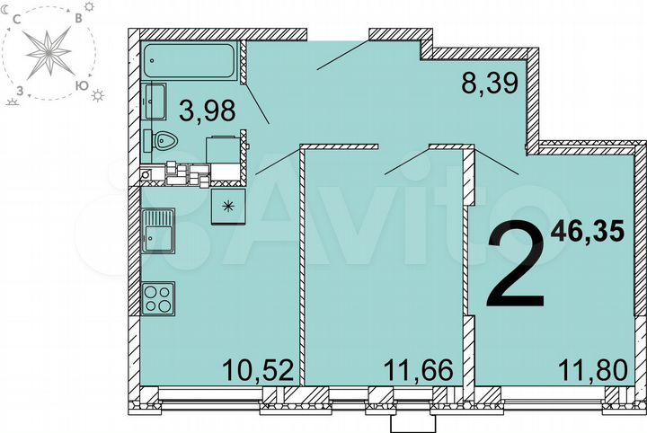 2-к. квартира, 46,1 м², 3/15 эт.