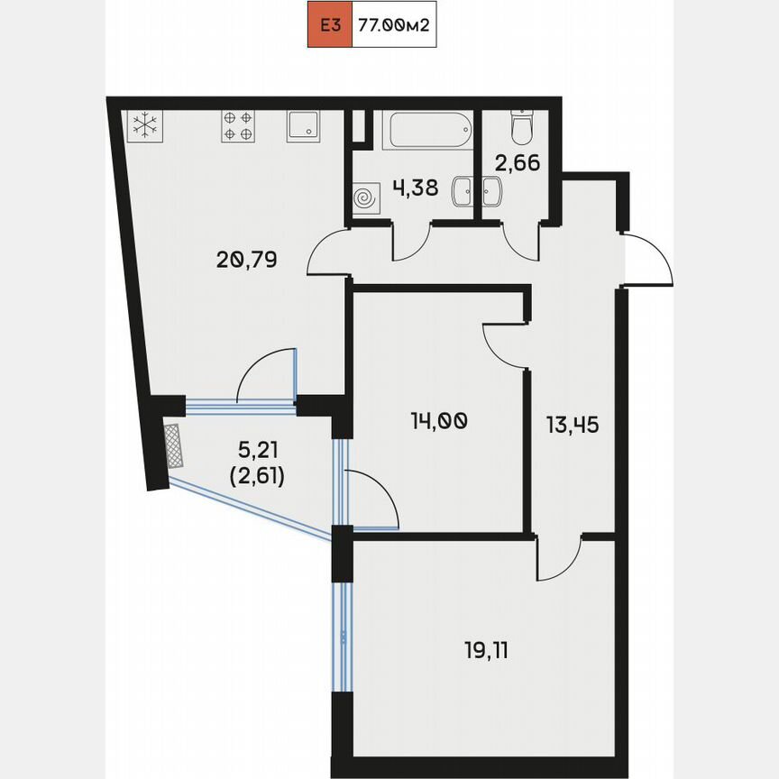 2-к. квартира, 77,6 м², 4/9 эт.