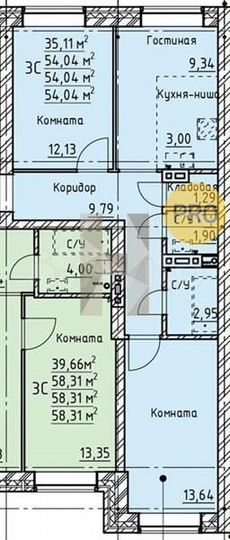 2-к. квартира, 54 м², 3/4 эт.