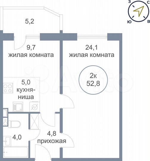 2-к. квартира, 52,8 м², 4/4 эт.