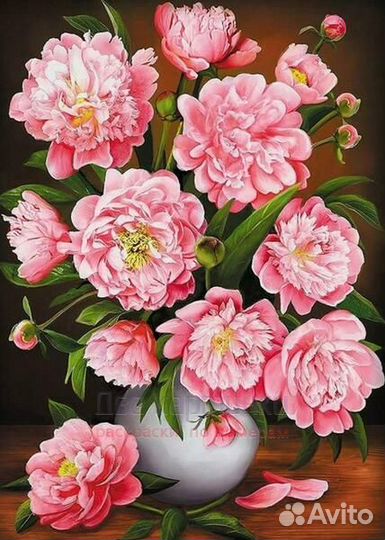 Алмазная мозаика 30x40 Букет пионов в белой вазе