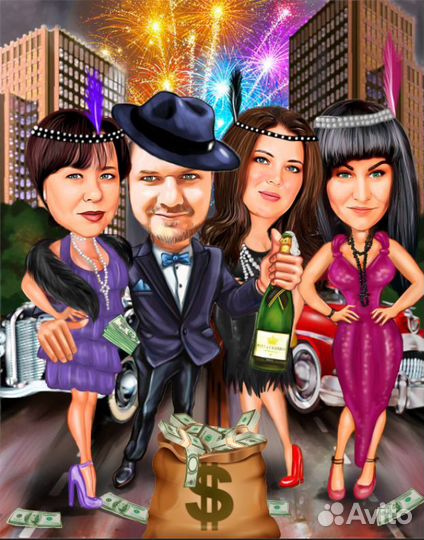 Цифровой шарж портрет, печать на холсте по фото