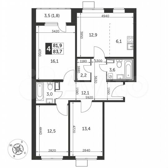 4-к. квартира, 83,7 м², 25/25 эт.