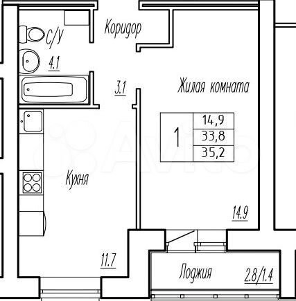 1-к. квартира, 33,8 м², 2/9 эт.