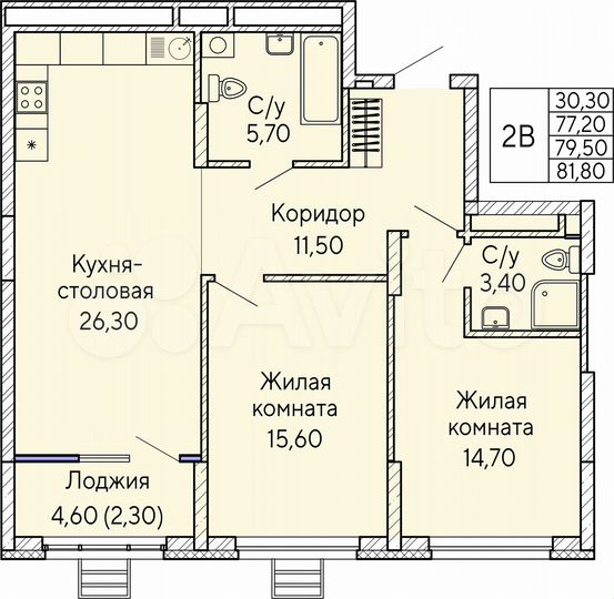 2-к. квартира, 79,5 м², 19/22 эт.