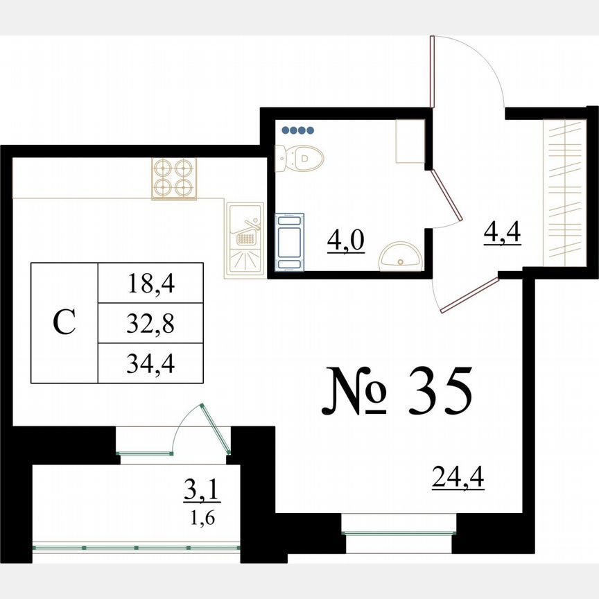 Квартира-студия, 34,4 м², 4/8 эт.
