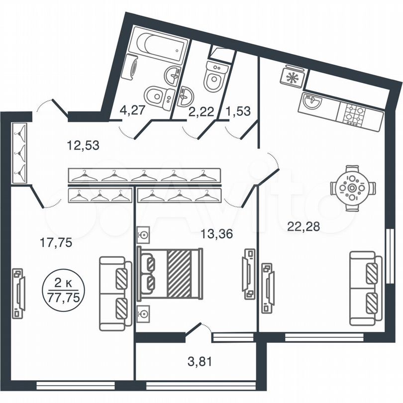 2-к. квартира, 77,8 м², 14/15 эт.