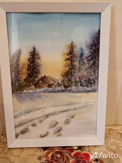 Картина акварелью Зимний лес