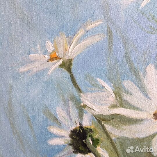 Итерьерная Картина цветы маслом ромашки голубая