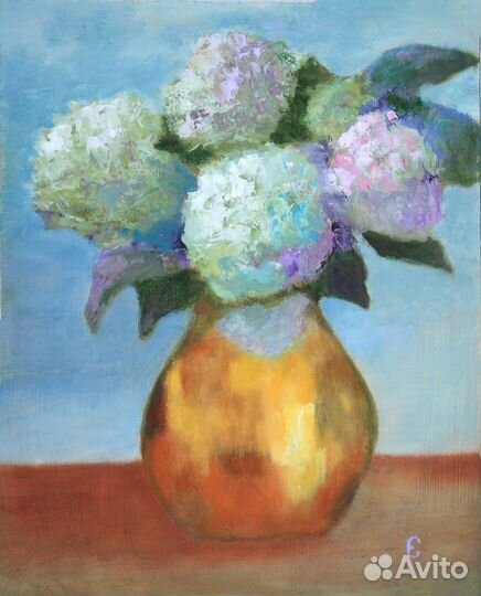 Картина маслом цветы гортензия в золотой вазе