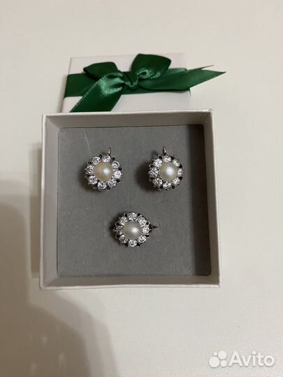 Комплект серебро серьги и кольцо с жемчугом