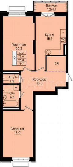 2-к. квартира, 76,8 м², 8/8 эт.