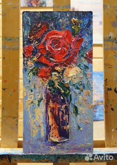 Картина маслом, Натюрморт с розами, 40х20 см