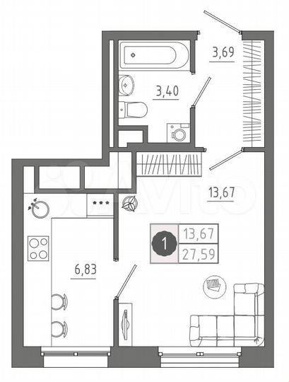 1-к. квартира, 27,6 м², 6/10 эт.