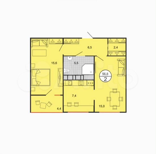2-к. квартира, 56,8 м², 6/19 эт.