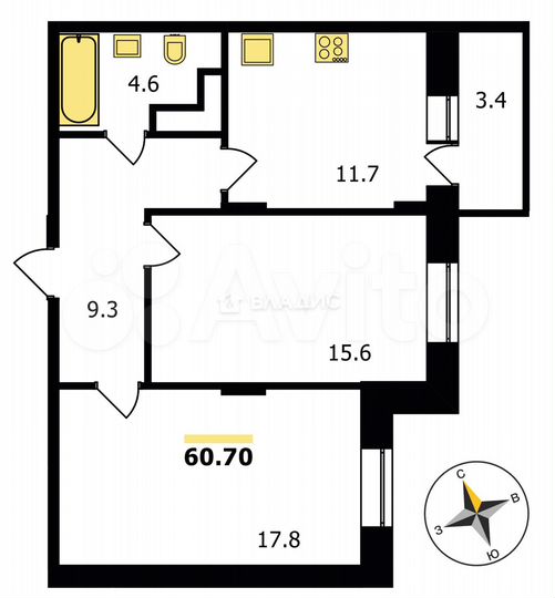 2-к. квартира, 60,7 м², 13/19 эт.