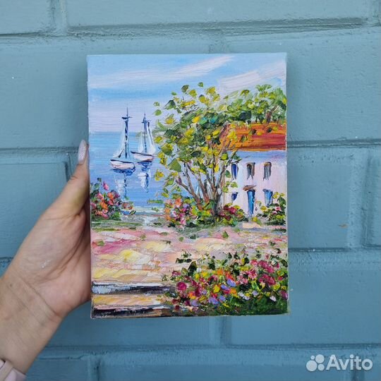 Картина маслом пейзаж цветы морской берег 15х20