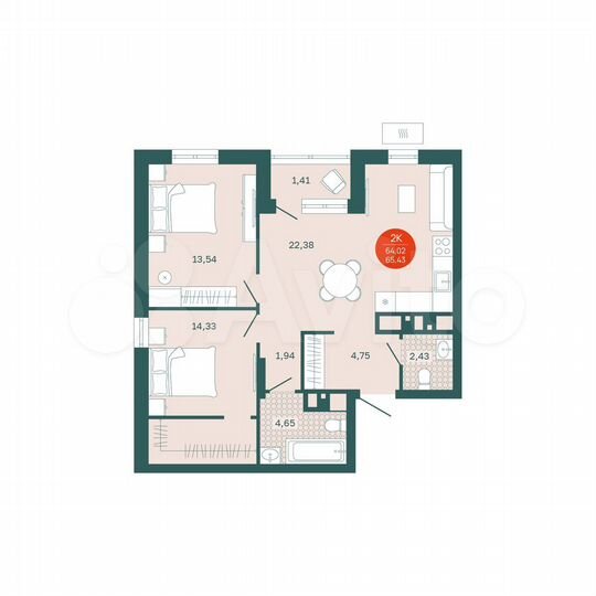 2-к. квартира, 64 м², 17/24 эт.